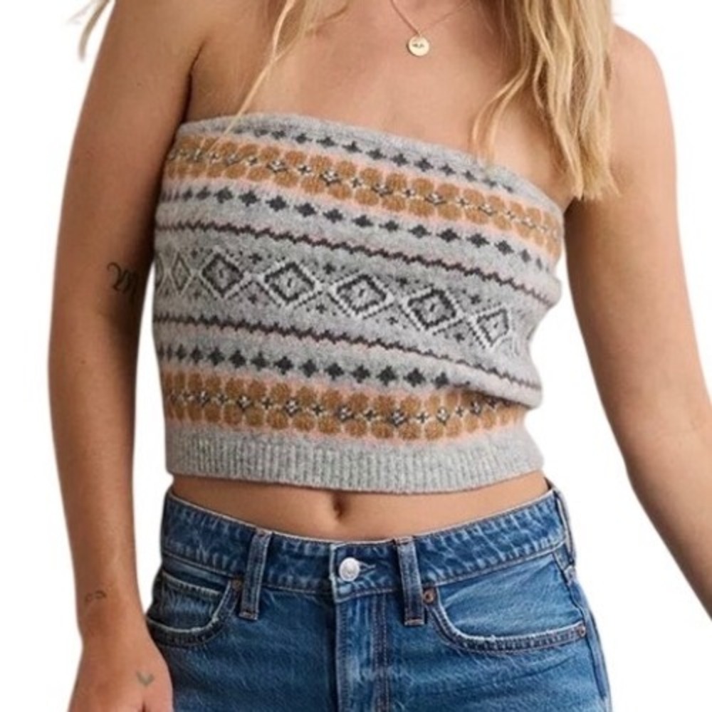 AE Whoa So Soft Tube Sweater Top Womens Medium Grey Fair Isle Knit Cropped Boho
